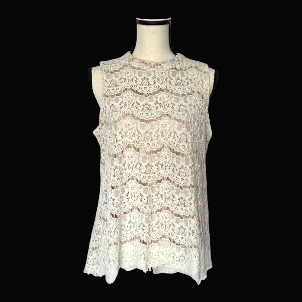 Rose & Olive Cream Lace Sleeveless Tunic Top Sz L Nude Lining Boho Festival